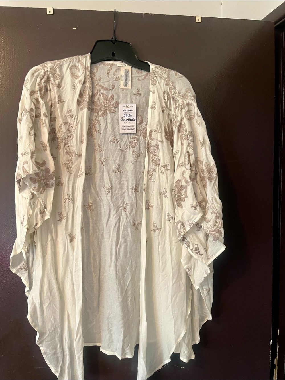 Lucky Brand Cream Open-Front Kimono Cardigan with Taupe Floral Embroidery